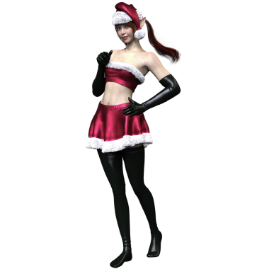 Beyaz kürklü, şeffaf arka planda izole edilmiş kırmızı Noel Baba 'dan esinlenilmiş bir kıyafet giyen, 3 boyutlu bir kadın karakter.