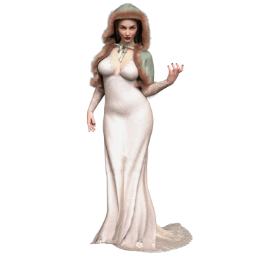 3D, kısa kürklü ve şeffaf arka planda izole edilmiş uzun elbiseli zarif bir kadın.