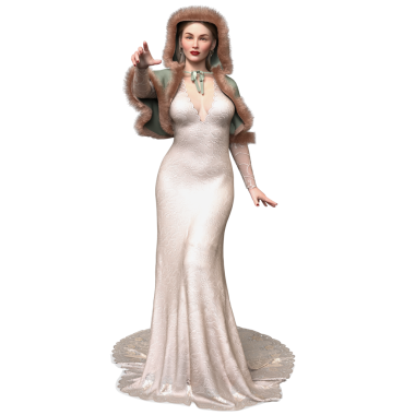 3D, kısa kürklü ve şeffaf arka planda izole edilmiş uzun elbiseli zarif bir kadın.