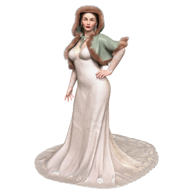 3D, kısa kürklü ve şeffaf arka planda izole edilmiş uzun elbiseli zarif bir kadın.