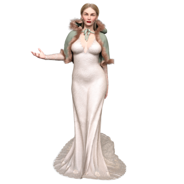 3D, kısa kürklü ve şeffaf arka planda izole edilmiş uzun elbiseli zarif bir kadın.