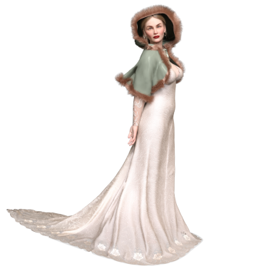 3D, kısa kürklü ve şeffaf arka planda izole edilmiş uzun elbiseli zarif bir kadın.