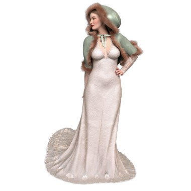 3D, kısa kürklü ve şeffaf arka planda izole edilmiş uzun elbiseli zarif bir kadın.