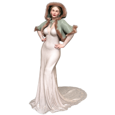 3D, kısa kürklü ve şeffaf arka planda izole edilmiş uzun elbiseli zarif bir kadın.