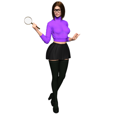 3 boyutlu kadın karakteri, şeffaf arka planda izole edilmiş, elinde büyüteç tutan gizemli bir dedektif rolünde.