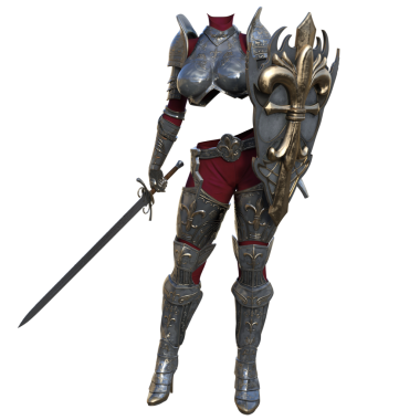 Üç boyutlu, şeffaf arkaplanda izole edilmiş bir kadın zırh giysisinin çizimi