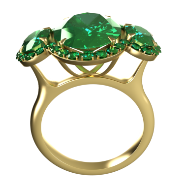 Şeffaf arkaplanda izole edilmiş yeşil değerli taşlı bir yüzüğün 3D çizimi