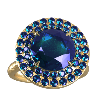 3D, şeffaf arkaplanda izole edilmiş büyük mavi taşlı altın bir yüzük.