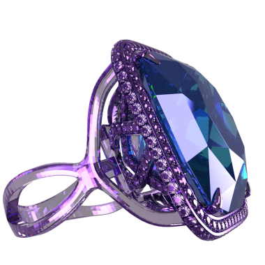 3D, şeffaf arkaplanda izole edilmiş kocaman mavi bir taşa sahip lüks mor bir yüzük.