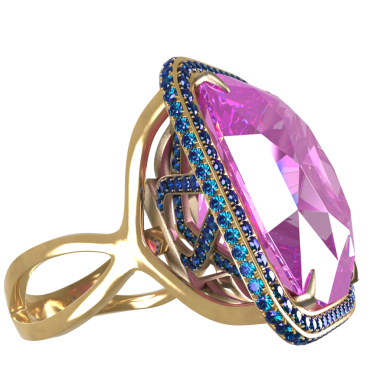 3D, şeffaf arka planda izole edilmiş büyük pembe taşlı lüks altın bir yüzük.