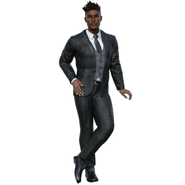 Koyu takım elbiseli, şeffaf bir arkaplanda izole edilmiş 3 boyutlu erkek karakter.