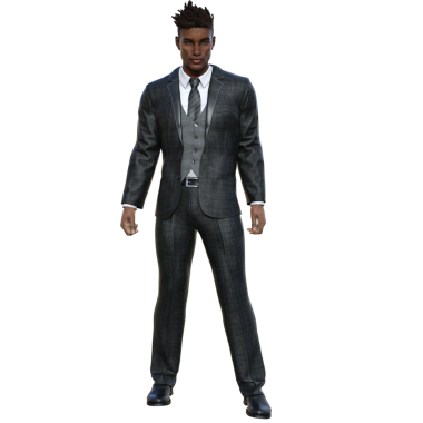 Koyu takım elbiseli, şeffaf bir arkaplanda izole edilmiş 3 boyutlu erkek karakter.