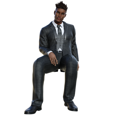 Koyu takım elbiseli, şeffaf bir arkaplanda izole edilmiş 3 boyutlu erkek karakter.