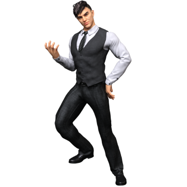 Çelik yelek ve kravatlı, şeffaf bir arkaplanda izole edilmiş, resmi bir iş elbisesi içinde üç boyutlu bir erkek karakter..