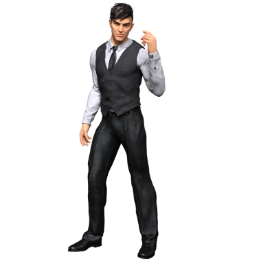 Çelik yelek ve kravatlı, şeffaf bir arkaplanda izole edilmiş, resmi bir iş elbisesi içinde üç boyutlu bir erkek karakter..