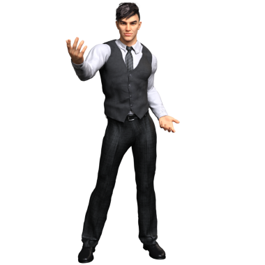 Çelik yelek ve kravatlı, şeffaf bir arkaplanda izole edilmiş, resmi bir iş elbisesi içinde üç boyutlu bir erkek karakter..