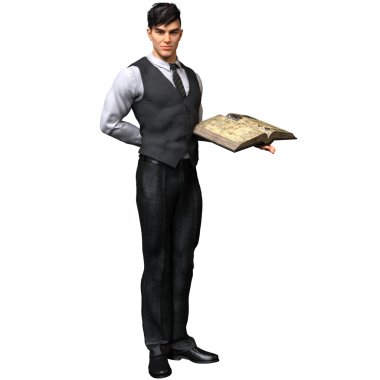 3 boyutlu bir sihirbaz ya da mistik bir bilim adamı resmi yelek ve kravat takmış şeffaf bir arkaplanda izole edilmiş bir vücut pozu giymiş eski bir kitabı tutuyor.