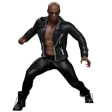 3D, siyah deri ceketli ve botlu, şeffaf arka planda izole kaslı erkek karakter.