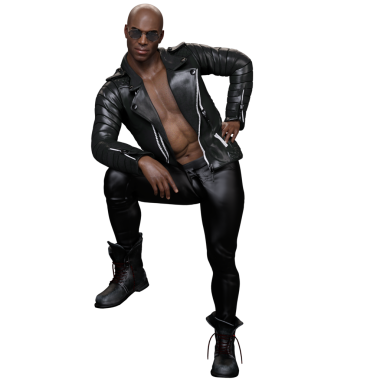 3D, siyah deri ceketli ve botlu, şeffaf arka planda izole kaslı erkek karakter.
