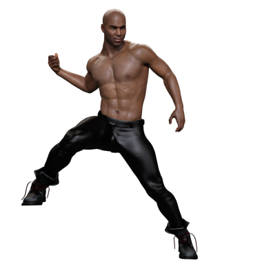 3 boyutlu, kaslı, kel, kaslı, karın kaslı, atletik yapılı, siyah deri pantolon ve botları olan, şeffaf bir arka planda izole bir erkek karakter.