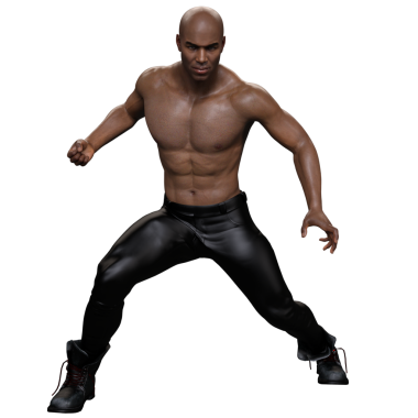 3 boyutlu, kaslı, kel, kaslı, karın kaslı, atletik yapılı, siyah deri pantolon ve botları olan, şeffaf bir arka planda izole bir erkek karakter.