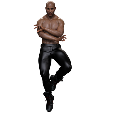 3 boyutlu, kaslı, kel, kaslı, karın kaslı, atletik yapılı, siyah deri pantolon ve botları olan, şeffaf bir arka planda izole bir erkek karakter.