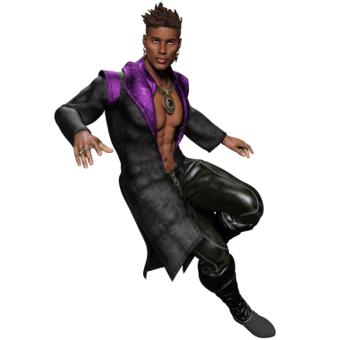 Üç boyutlu fantezi tarzı erkek karakter mor yakalı uzun siyah bir ceket giyiyor, V yaka gömlek, deri pantolon, uzun botlar ve şeffaf bir arka planda izole edilmiş koyu renk takılar.