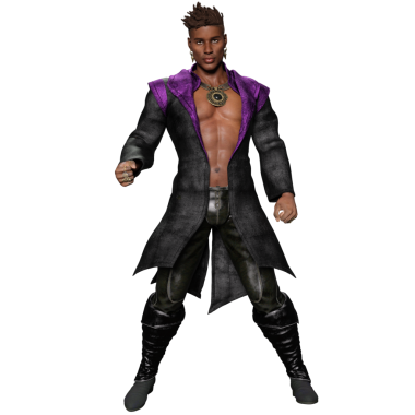 Üç boyutlu fantezi tarzı erkek karakter mor yakalı uzun siyah bir ceket giyiyor, V yaka gömlek, deri pantolon, uzun botlar ve şeffaf bir arka planda izole edilmiş koyu renk takılar.