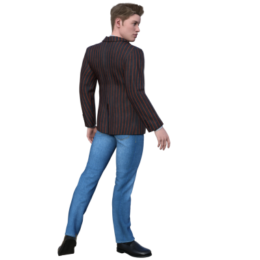 Üç boyutlu erkek karakter çizgili ceket, yelek, kravat, beyaz gömlek, mavi kot pantolon ve siyah deri ayakkabı giyiyor.