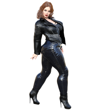 Üç boyutlu seksi, şehvetli, deri ceketli, beyaz arka planda izole bir kadın karakter.