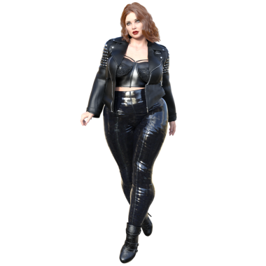 Üç boyutlu seksi, şehvetli, deri ceketli, beyaz arka planda izole bir kadın karakter.