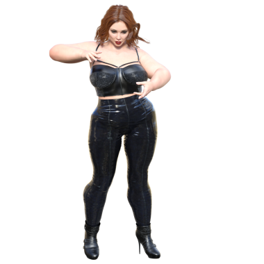 Üç boyutlu seksi, şehvetli, deri ceketli, beyaz arka planda izole bir kadın karakter.