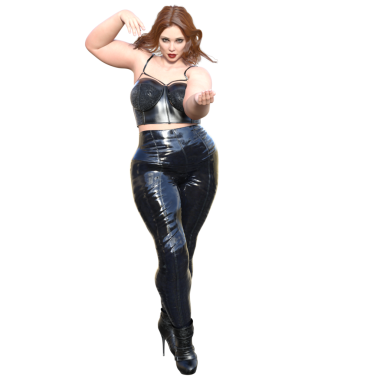 Üç boyutlu seksi, şehvetli, deri ceketli, beyaz arka planda izole bir kadın karakter.