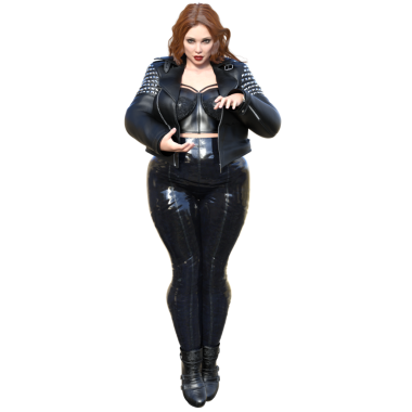 Üç boyutlu seksi, şehvetli, deri ceketli, beyaz arka planda izole bir kadın karakter.