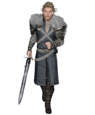 3D erkek fantezi karakteri, şeffaf bir arkaplanda soylu kılığına girmiş bir ortaçağ savaşçısı prensi.