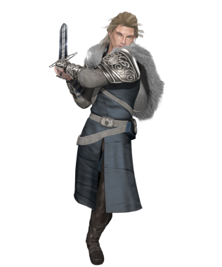 3D erkek fantezi karakteri, şeffaf bir arkaplanda soylu kılığına girmiş bir ortaçağ savaşçısı prensi.