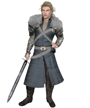 3D erkek fantezi karakteri, şeffaf bir arkaplanda soylu kılığına girmiş bir ortaçağ savaşçısı prensi.