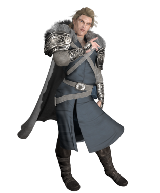 3D erkek fantezi karakteri, şeffaf bir arkaplanda soylu kılığına girmiş bir ortaçağ savaşçısı prensi.