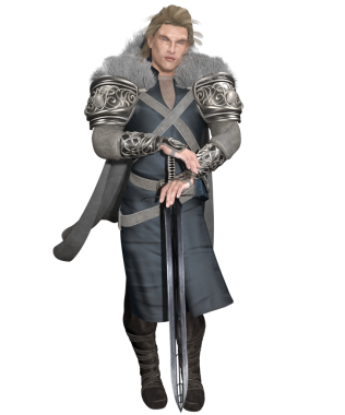 3D erkek fantezi karakteri, şeffaf bir arkaplanda soylu kılığına girmiş bir ortaçağ savaşçısı prensi.