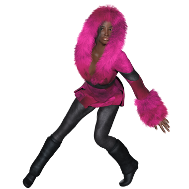 3 boyutlu kadın karakteri, mor kürklü ve şeffaf bir arka planda izole edilmiş bir başlığı var.