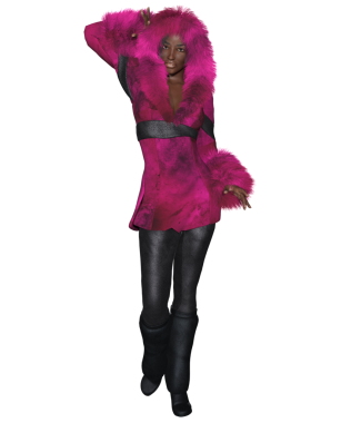 3 boyutlu kadın karakteri, mor kürklü ve şeffaf bir arka planda izole edilmiş bir başlığı var.