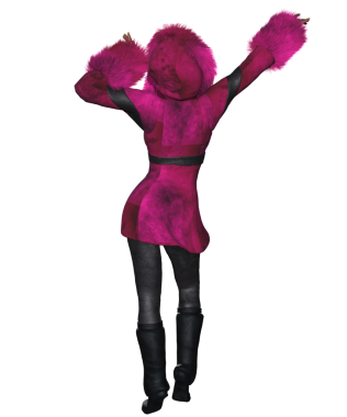 3 boyutlu kadın karakteri, mor kürklü ve şeffaf bir arka planda izole edilmiş bir başlığı var.