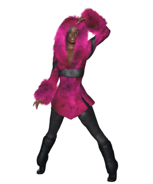 3 boyutlu kadın karakteri, mor kürklü ve şeffaf bir arka planda izole edilmiş bir başlığı var.