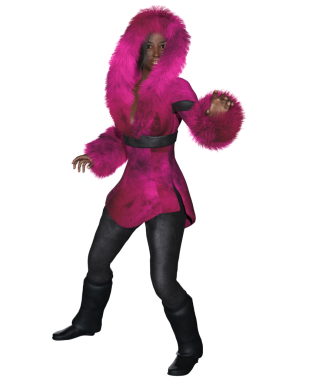 3 boyutlu kadın karakteri, mor kürklü ve şeffaf bir arka planda izole edilmiş bir başlığı var.