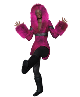 3 boyutlu kadın karakteri, mor kürklü ve şeffaf bir arka planda izole edilmiş bir başlığı var.