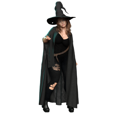 3D, siyah yırtık kotlu, şeffaf bir arka planda izole edilmiş bir şapka ve siyah kıyafetli, şehvetli, genç bir cadıyı dönüştürdü.