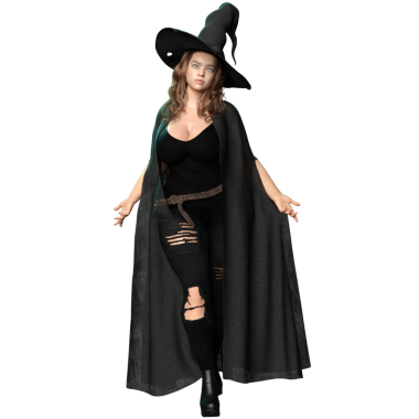 3D, siyah yırtık kotlu, şeffaf bir arka planda izole edilmiş bir şapka ve siyah kıyafetli, şehvetli, genç bir cadıyı dönüştürdü.