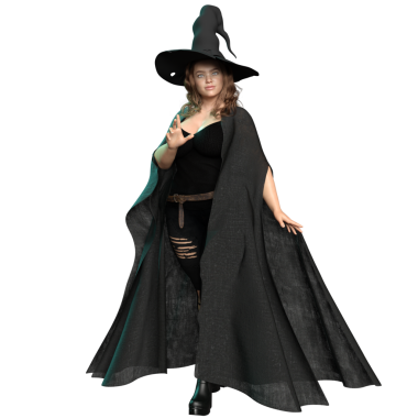 3D, siyah yırtık kotlu, şeffaf bir arka planda izole edilmiş bir şapka ve siyah kıyafetli, şehvetli, genç bir cadıyı dönüştürdü.