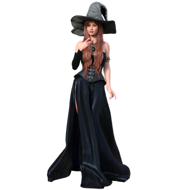 3 boyutlu bir kadın fantezi karakteri. Uzun kızıl saçlı, siyah elbiseli ve şeffaf bir arka planda izole edilmiş bir korse.