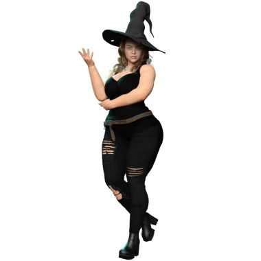 3D, siyah yırtık kotlu, şeffaf bir arka planda izole edilmiş bir şapka ve siyah kıyafetli, şehvetli, genç bir cadıyı dönüştürdü.